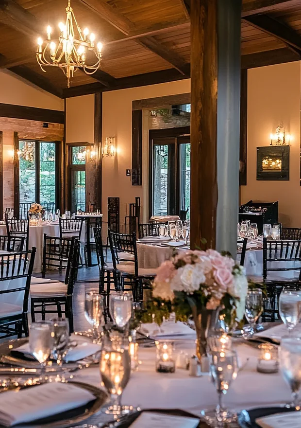 Event planner discussing plans over a beautifully set table